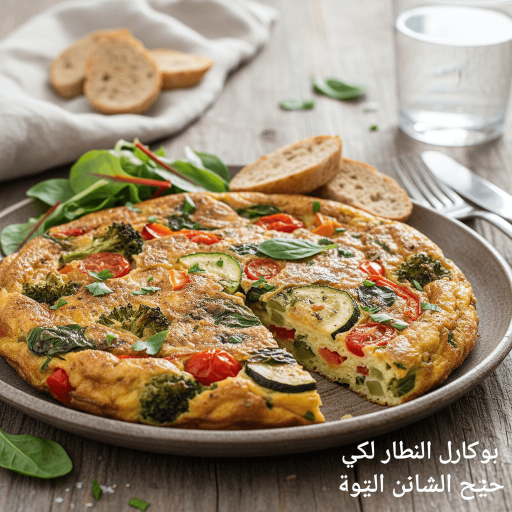 Vegetable frittata with mixed greens and bread, featuring Arabic text: بوكارل النطار لكي حيح الشائن القوة